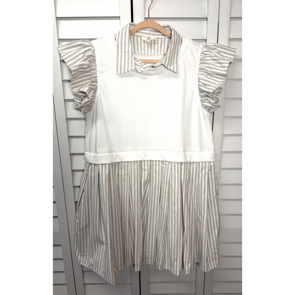 Entro Out For Fun Sand Striped Pleated Ruffle Shirt Dress Women's Size Large - Picture 5 of 14